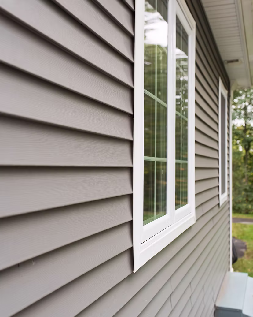 gray house exterior with horizontal vinyl siding and white framed windows