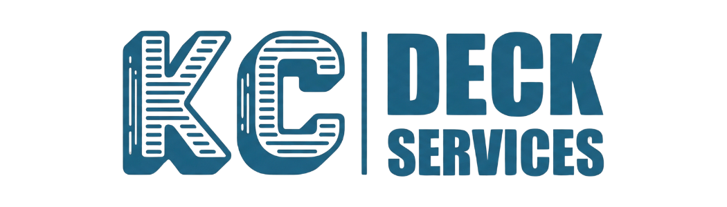 blue text logo displaying bold stylized letters representing outdoor deck construction services